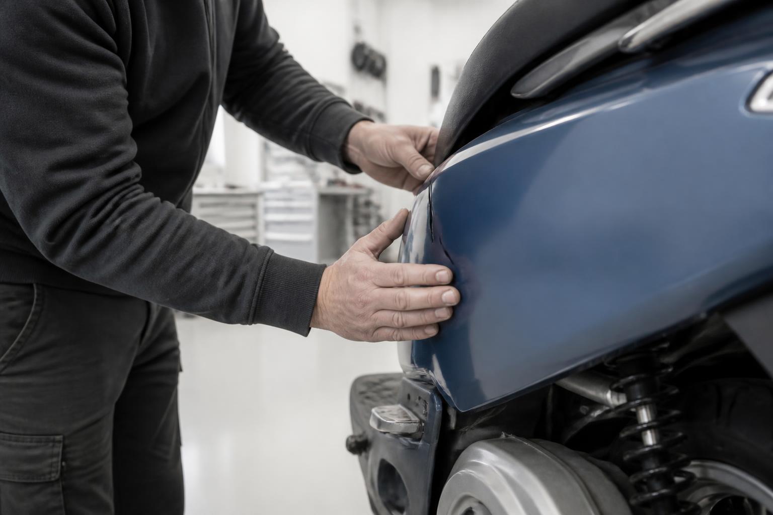 Tekniker passar in en nylackerad mörkblå sidokåpa och känner efter springan mot intilliggande panel.