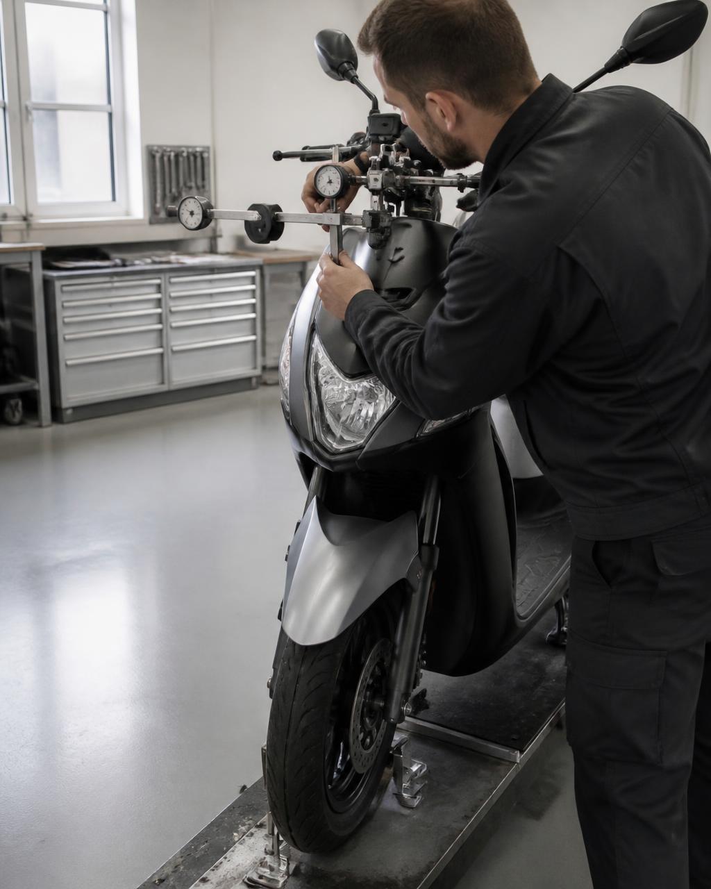 Tekniker läser av en mätklocka vid styrhuvudet på en motorcykel i verkstaden.